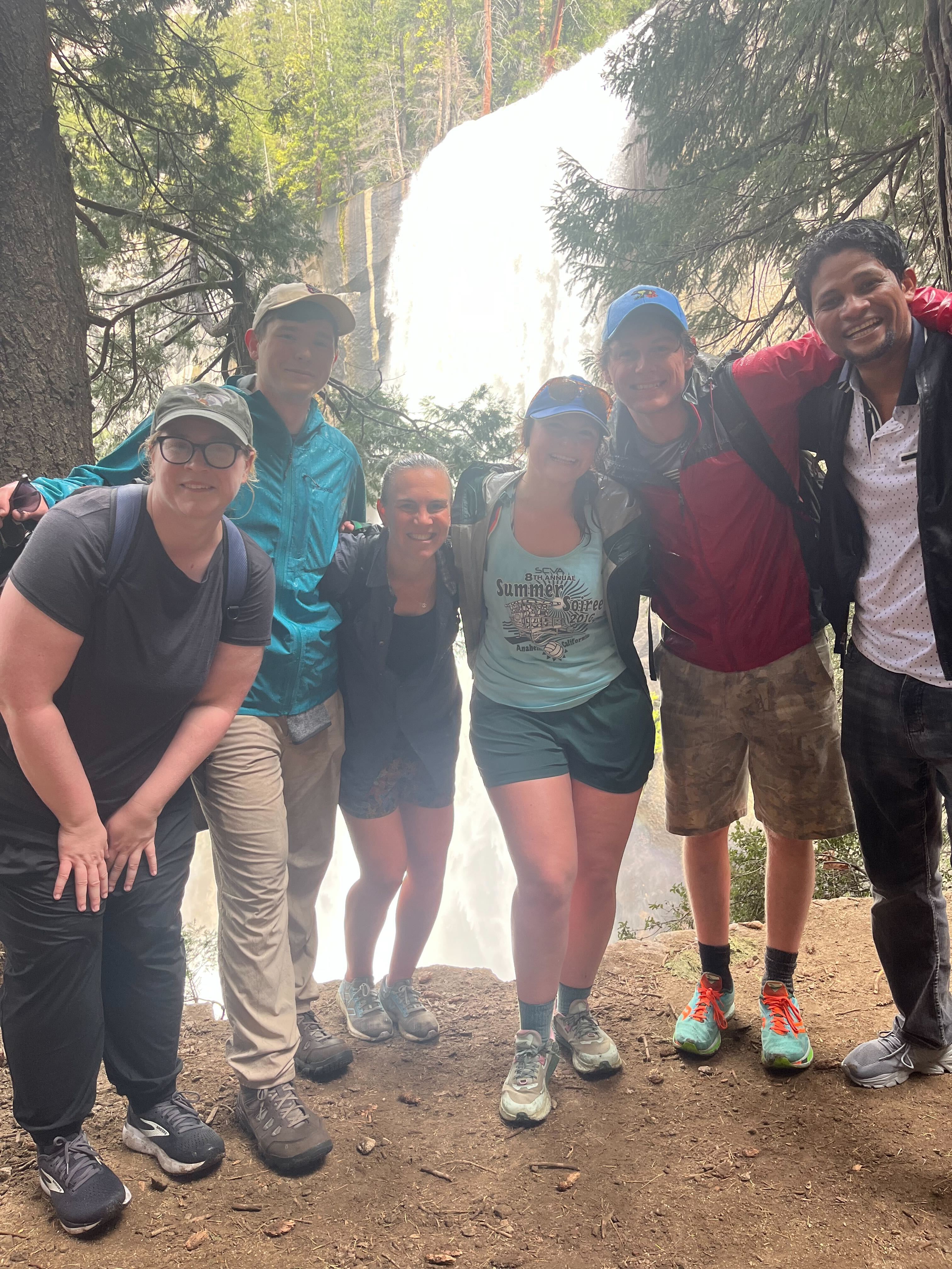 Brook Lab at Vernal Fall on the Mist Trail. Left to right: Gwen Kettenburg, Charlie Voirin, Cara Brook, Monique Ades, Martin Roland, Christian Ranaivoson.